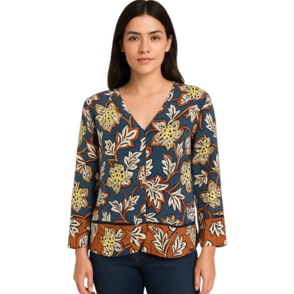 Zara Small Long Sleeve Split Neck Abstract Floral Blouse
